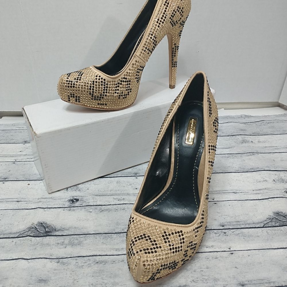 Report Signature Woman's SZ 6.5 Parker Gold Black Rhinestone Leopard Stilettos